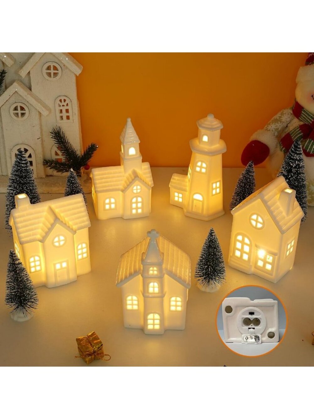 11Pcs White Ceramic Christmas Village Houses with Timer